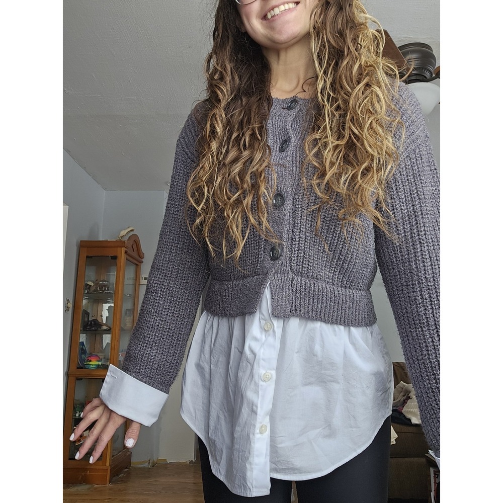 Anthropologie Knitted & Layered Top Women XSmall XS‎ Sweater Grey White  Button